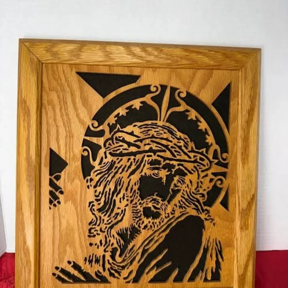 Handcrafted Wooden Scroll Saw Art - Jesus with Crown of Thorns 13”x14”